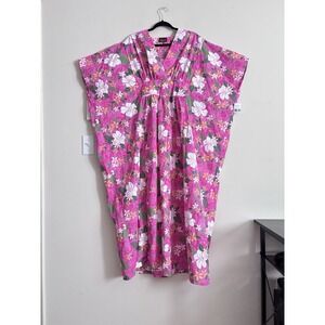 NWT Vintage Tropical Eve Hawaiia Muu Muu Kaftan Maxi Dress Pink Floral Tropical